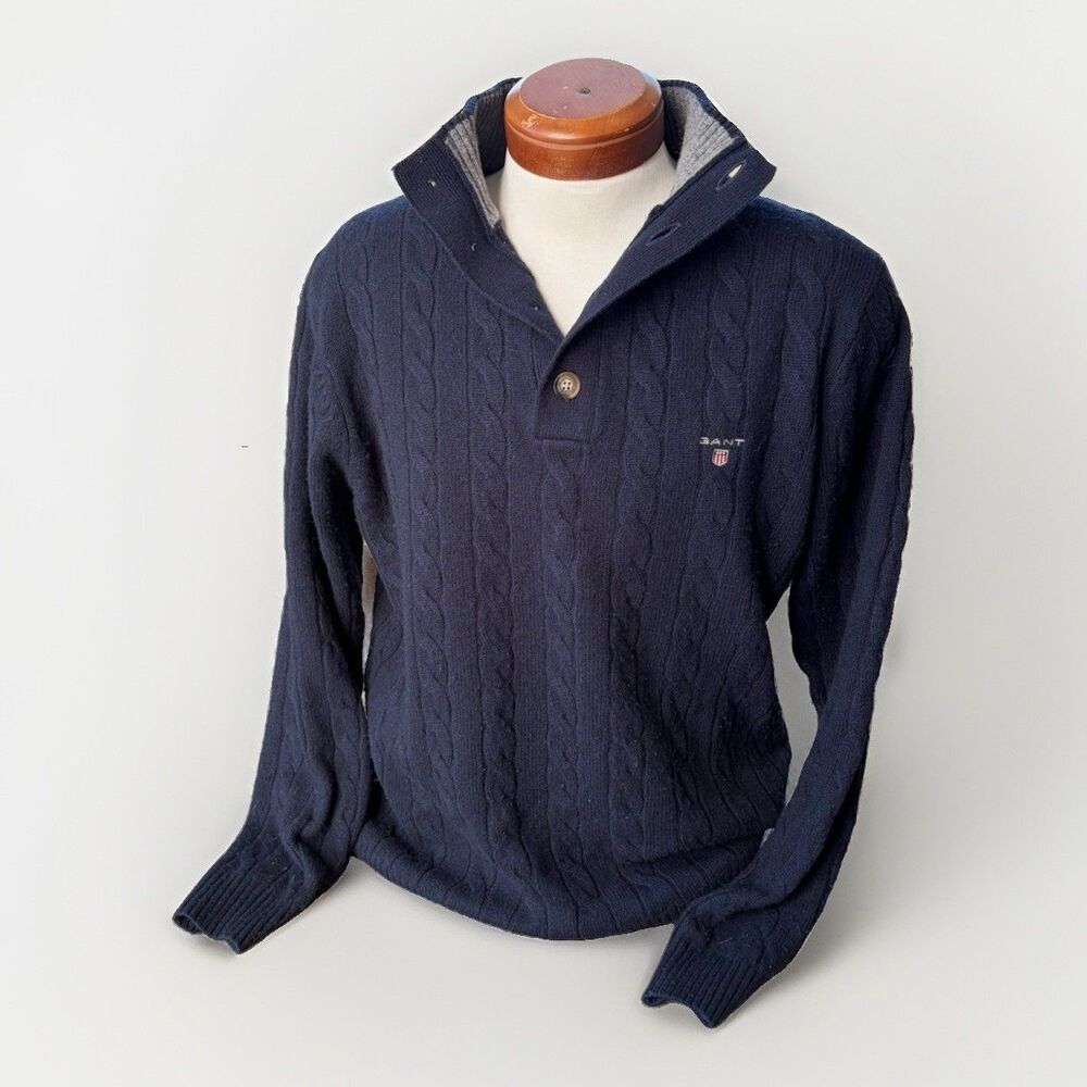 Gant Mens XL Navy Blue Lambswool Cable Knit Pullover Sweater 1/4 Button Jumper